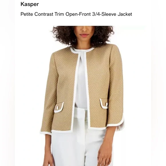 Kasper Tan and White Contrast Trim Blazer - Picture 1 of 8